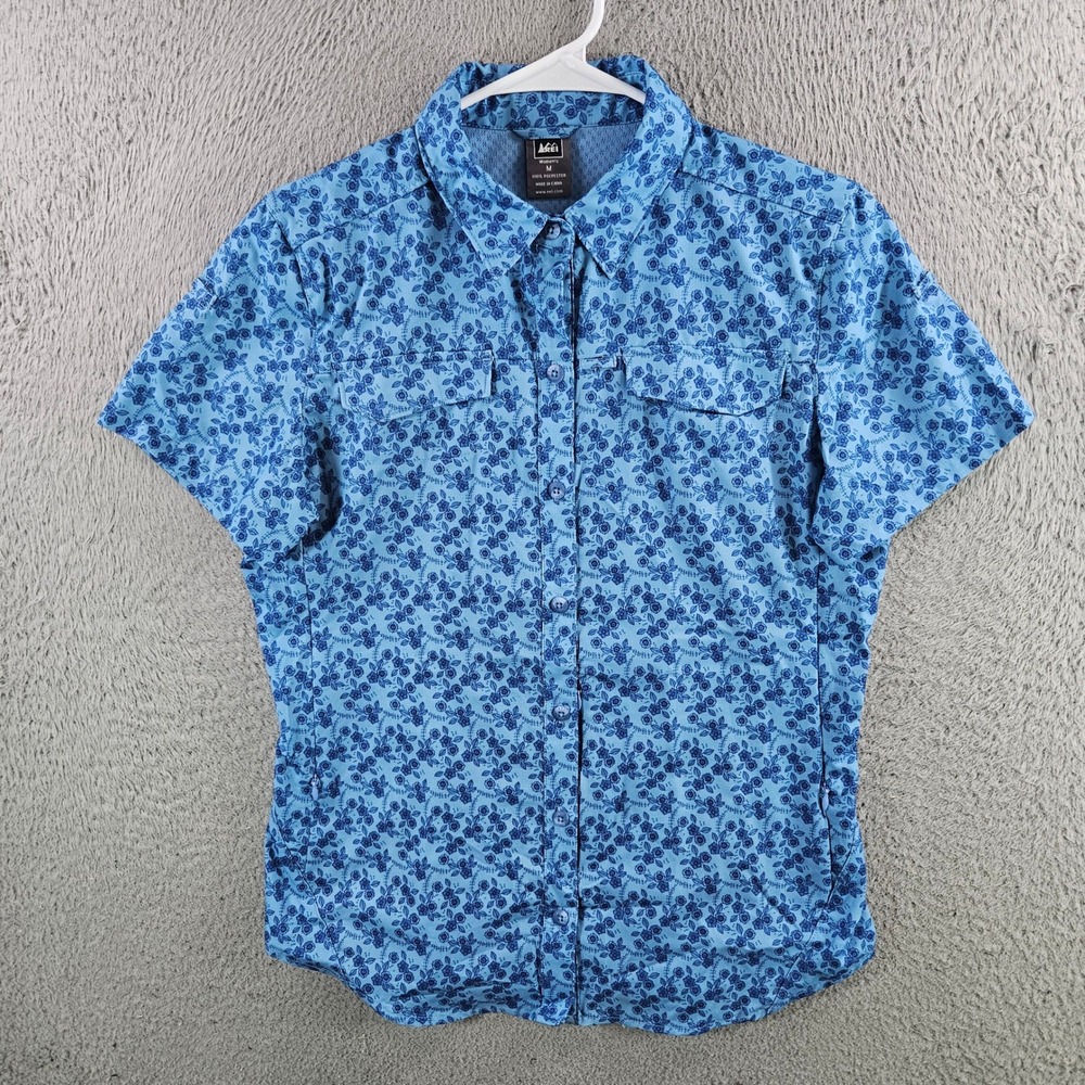 REI Womens Blue Floral Short Sleeve Hiking Shirt Vented Size M